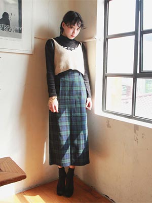slit green check long skirt (only M size)