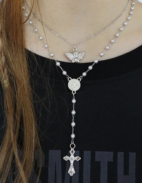 angel cross pearl Y necklace