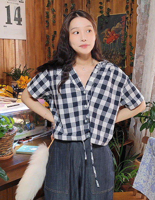gingham check  hoody crop shirts(2 colors)