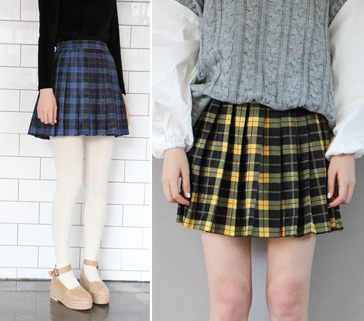 school check pleats skirt (3 colors)