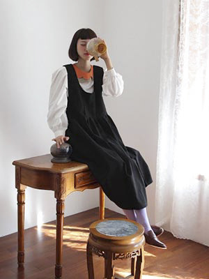 shirring tucking apron onepiece (2 colors)
