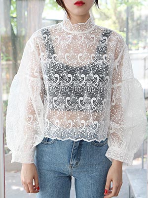 flower embroidery high neck blouse